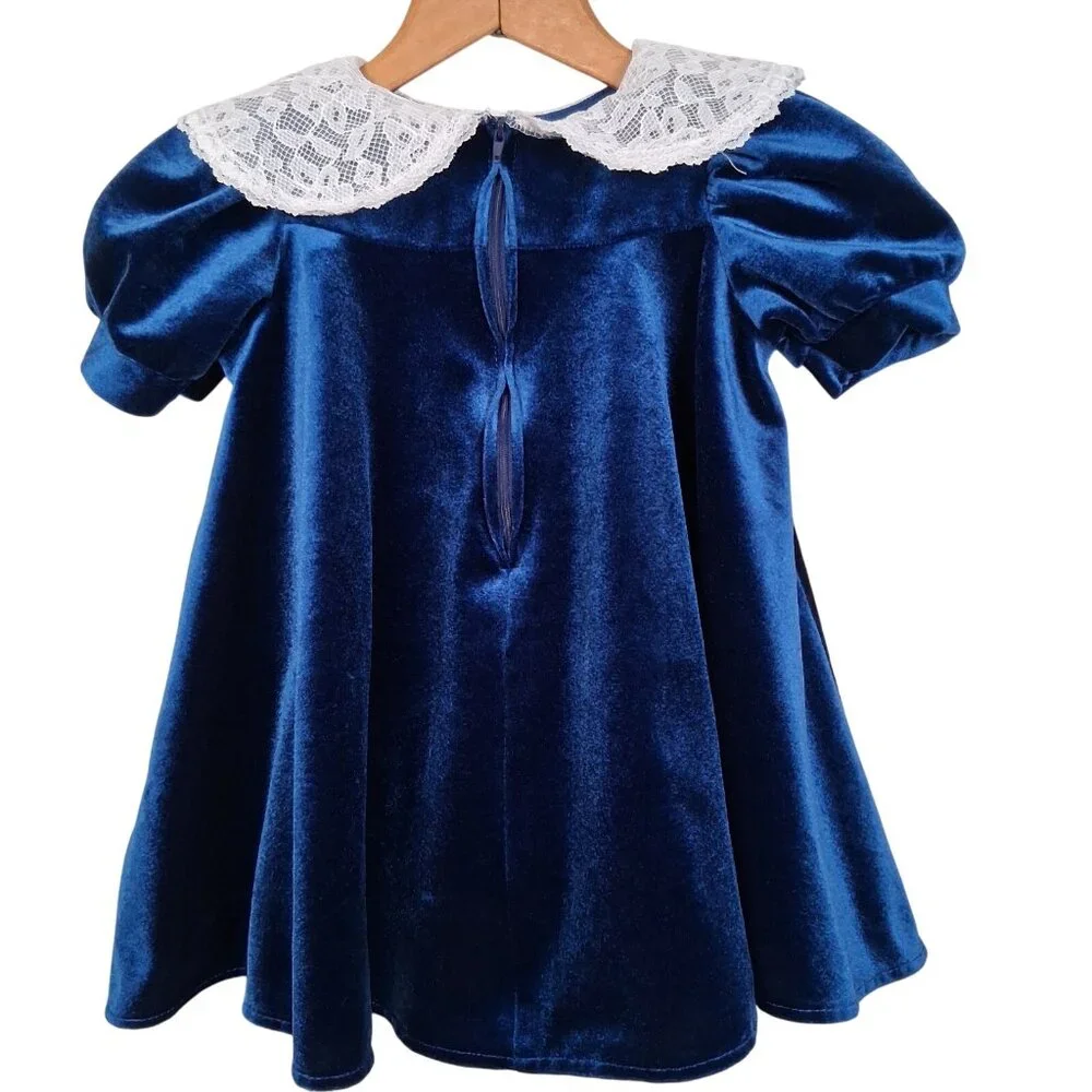Vintage The Little Trotter Dress Size 4 Royal Blue Velour Lace Collar Party - Picture 2 of 16